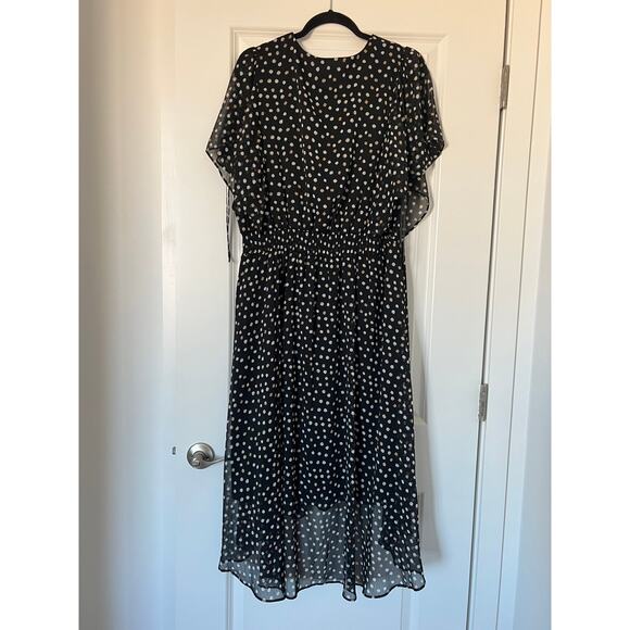 NEW DKNY Chiffon Midi Dress Hi-Low Flutter sleeve Black Polka dot - Picture 6 of 8